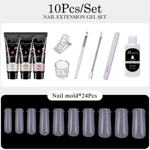 Complete 10-piece poly nail gel extension kit with 15ml gels, brush, and dual-ended tools