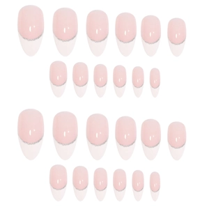 French tip almond press-on nails in pink and white with delicate silver glitter lines