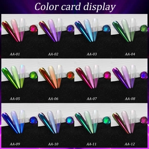 Nuancier de 12 poudres miroir pour ongles avec effets chromés et reflets aurore