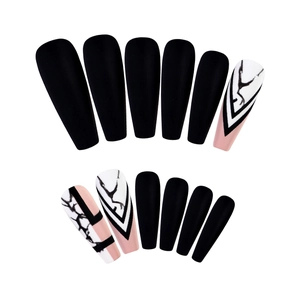 Matte ballerina press on nails with black white marble and geometric V-line design