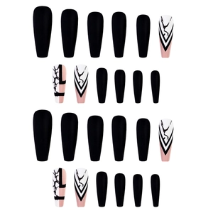 Matte long coffin press on nails with black white pink marble and V-shape geometric designs