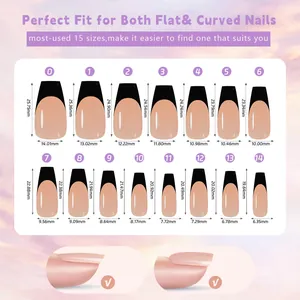 Size guide for French tip press-on nails featuring 15 sizes for flat and curved nails