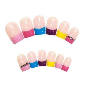 Colorful French press-on nail set with rhinestones and multi-color gradient design
