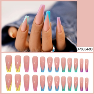Colorful French V Tip Press On Nails Long Ballerina Coffin Shape ABS Acrylic Full Cover False Nail For Women Daily Wear