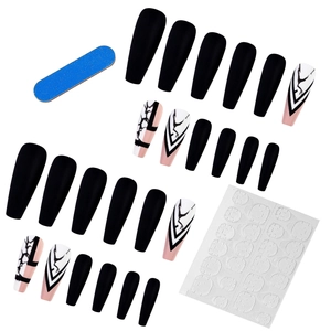Matte black press on nails set with marble patterns and V-shaped stripes 24pcs kit