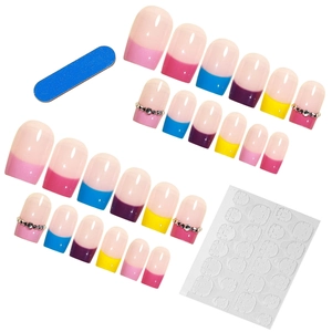 Reusable colorful French press-on nails set with rhinestone accents and tool kit