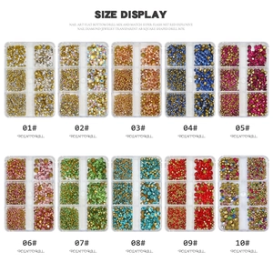 Size display of assorted 6-grid boxed crystal rhinestones for nail art decorations