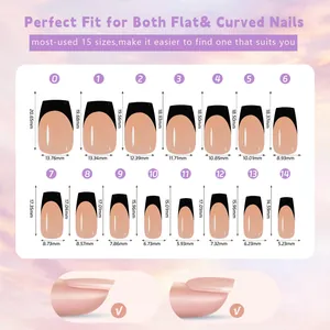 Size chart showing 15 precise dimensions for coffee black French tip press-on nails