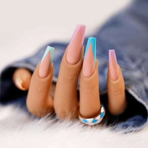 Long ballet coffin press-on nails with colorful V-shape French design in pastel matte tones