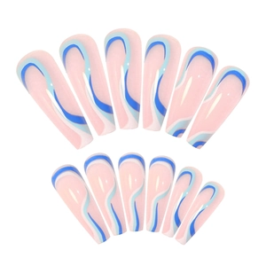 Blue striped long coffin fake nails with minimalist french tip design on nude base