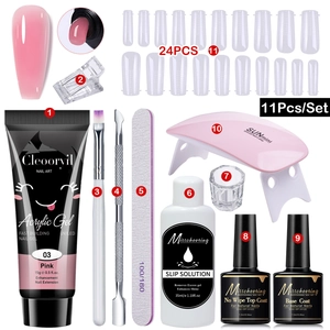 11-piece nail extension kit including pink gel, UV lamp, solution, and professional tools