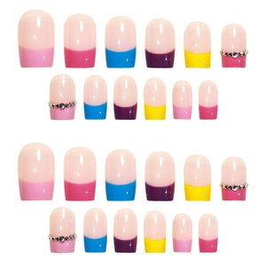 French manicure press-on nails set with colorful tips and silver rhinestone accents