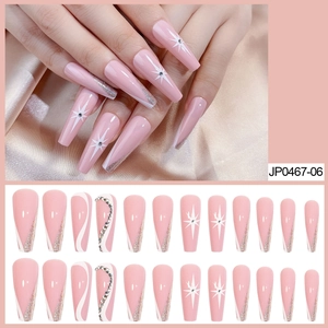 Long Coffin Press On Nails Pink Glitter Star Pattern Rhinestone Artificial False Nails For Women