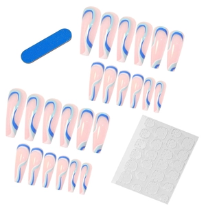 24-piece long coffin press-on nails set with blue wavy stripes and complete DIY tool kit