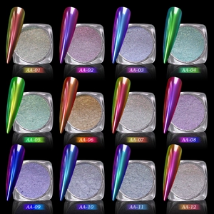Aperçu macro du kit de 12 poudres miroir caméléon pour ongles avec effet chrome métallique