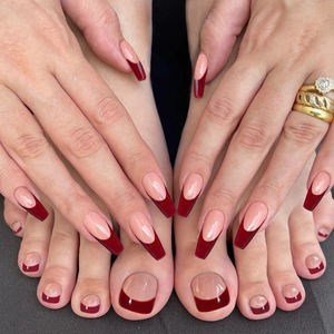 Red French tip press-on nail set for fingers and toes with elegant long coffin shape