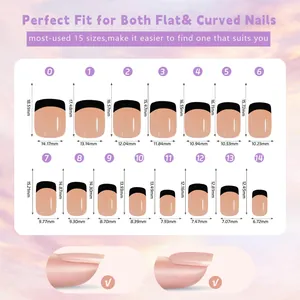 Detailed sizing chart for press-on nails featuring fifteen different width and length specs