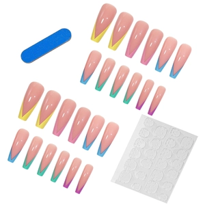 Colorful V-shape French tip long ballet press-on nails with nail file and adhesive