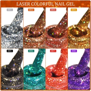 Close-up of laser colorful nail gel set showing 8 glitter shades and sparkling textures