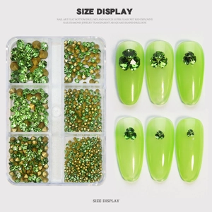 6-grid box with mixed green and gold nail art rhinestones and size display tips