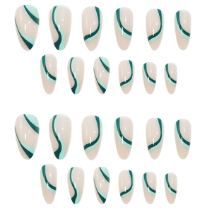 Almond-shaped press-on nails with minimalist green wave patterns on creamy white base