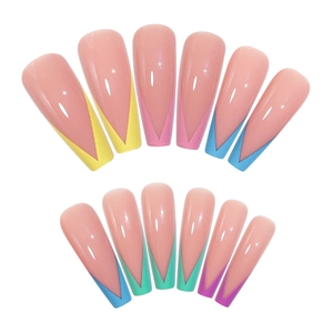 Colorful French V-tip long ballerina press-on nails in pastel shades on white background