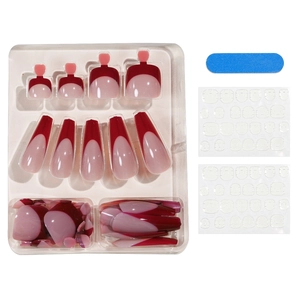 Red French gradient press-on nail kit with adhesive tabs and blue file tool set