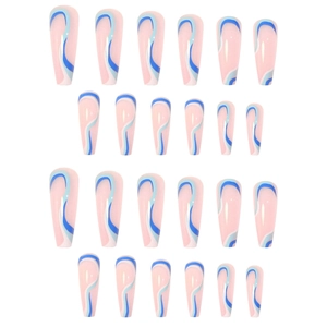 Blue wave stripe long coffin press-on nails with 24 pieces of minimalist ballet false nails