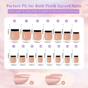 Detailed size chart for press-on nails showing 15 sizes from 0 to 14 in millimeters
