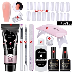 Detailed 11-piece nail extension kit including 15ml poly gel, LED lamp, and essential tools