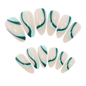 Almond almond false nails with cream base and green wave pattern lines, 12 pieces set