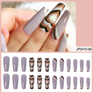 Long Coffin Press On Nails Heart Pattern Wave Design Purple Brown Color Block Glossy False Nails Wearable Nail Art Accessory