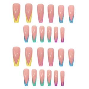 Long ballerina press-on nails with colorful V-shape French tips and nude base
