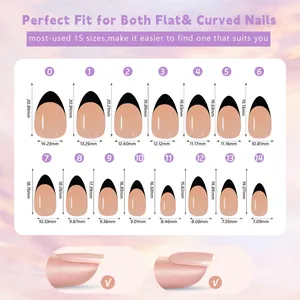 Detailed size chart for French press-on nails showing 15 different width and length specs