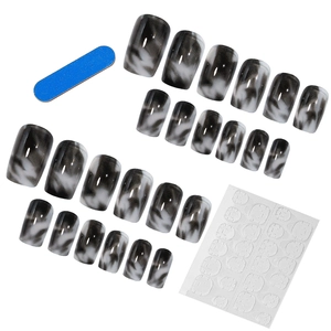 24pcs black and white marble press-on nail kit with mini file and adhesive tabs