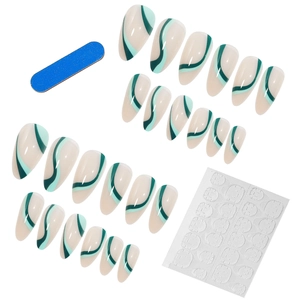 Nude almond false nails with green wavy lines and professional application tool kit