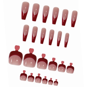 Glossy red and nude pink French tip press-on nail kit for hands and feet