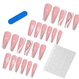 24pcs long coffin press on nails in light pink with glitter, rhinestones and french tip design