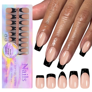 French Tip Press On Nails Soft Gel Black Edge Nude Base DIY Manicure System Long Lasting Salon Style For Women