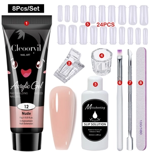 8-piece poly nail gel kit with 15ml nude gel, slip solution, brush, and nail tips set