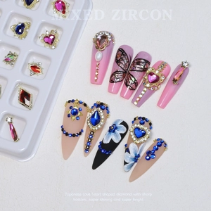 Mixed color zircon nail charms in heart and butterfly shapes with sharp bottom metal base