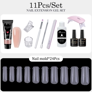 Comprehensive 11-piece nail extension kit including UV lamp, gel, and manicure tools