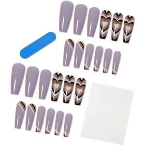 Brown heart wave long coffin press-on nails set with morandi grey purple gradient