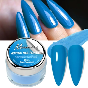 Vista macro della polvere acrilica blu neon con barattolo da 28g ed effetto nail art stiletto
