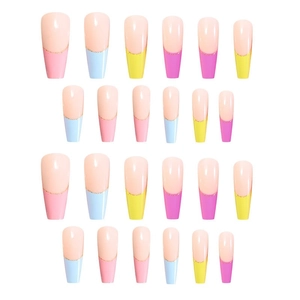 Rainbow French coffin press-on nails with colorful pastel tips and glitter accents