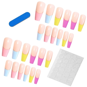 Rainbow gradient long coffin press-on nails set with gold accents and tool kit