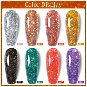 Sparkling galaxy glitter nail polish set with 8 vibrant colors displayed on tips