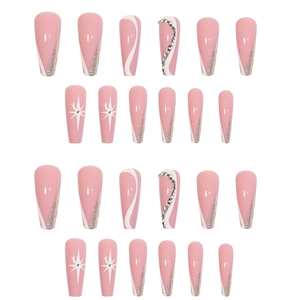Pink coffin press-on nails set with glitter gradient, wave patterns, and star rhinestone accents