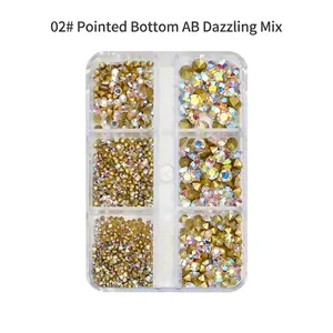 Macro view of six-slot storage box with AB iridescent nail art rhinestones and crystals