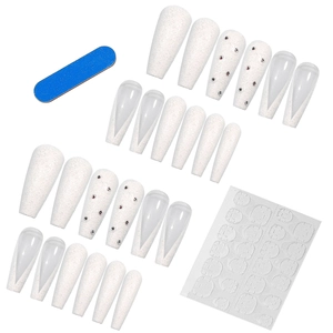 Extra long ballet press-on nails set with matte V-tip French style and rhinestone accents